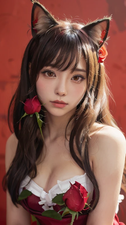 (Emo art:1.6), masterpiece, 4K, Bokeh, high school girl, Beautiful Face, (Cat ear:1.3), (Red Long Hair:1.6) , (Japanese Idols:1.6), Blushed, (Red maid costume :1.4), Looking at the audience, close,
(Red Background :1.4), ( A wall of lots of red roses:1.6)