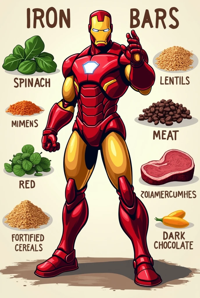 Generate a image that marvel character (iron man) advising to eat a foods when you are in iron deficiency. The image should be in 9:16 ratio and with the foods name.