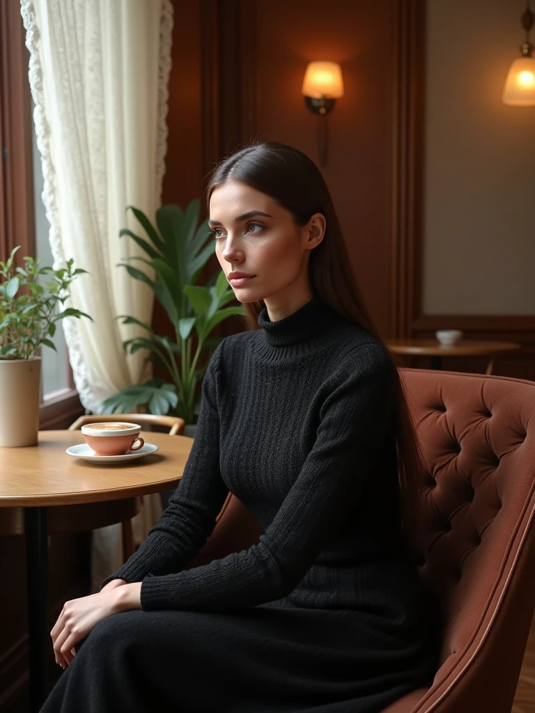 a woman wearing a black knitting dress, uhd, ultra quality, ultra detailed, ultra resolution, HDR, VFX, 16k, Realistic Rendering, Hyperrealistic, sitting in chair on cafe