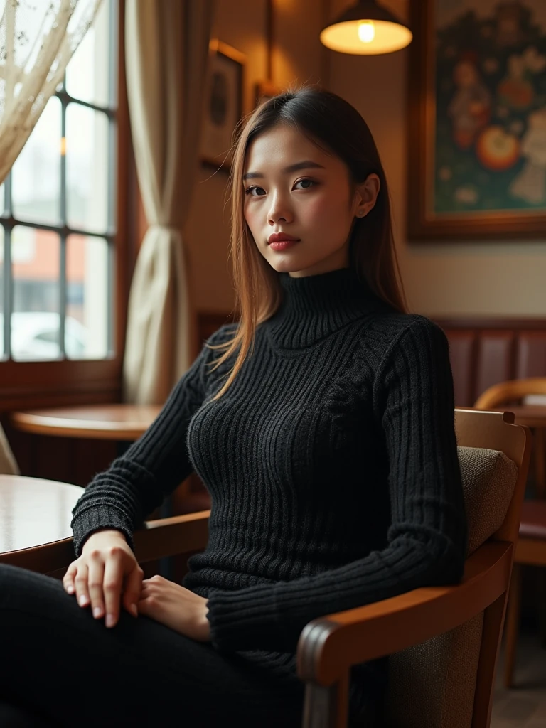 a woman wearing a black knitting dress, uhd, ultra quality, ultra detailed, ultra resolution, HDR, VFX, 16k, Realistic Rendering, Hyperrealistic, sitting in chair on cafe