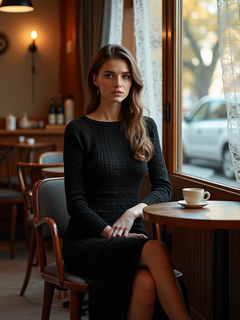 a woman wearing a black knitting dress, uhd, ultra quality, ultra detailed, ultra resolution, HDR, VFX, 16k, Realistic Rendering, Hyperrealistic, sitting in chair on cafe