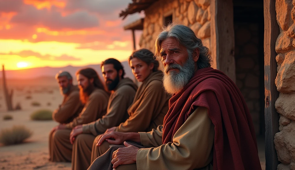 "Imagine uma cena realista de Good, an elderly man with gray hair and an expression of wisdom and pain, sitting in front of his rustic house. Around her, your children are gathered, each with different expressions of love, respect and concern. At home, made of stones and wood, reflects the simplicity of biblical times, as the sun sets in the background, creating an atmosphere of reflection and hope. The scenery is complemented by a desert landscape, with some trees and a sky with warm shades of orange and purple, symbolizing Job's struggle and faith in the midst of adversity."