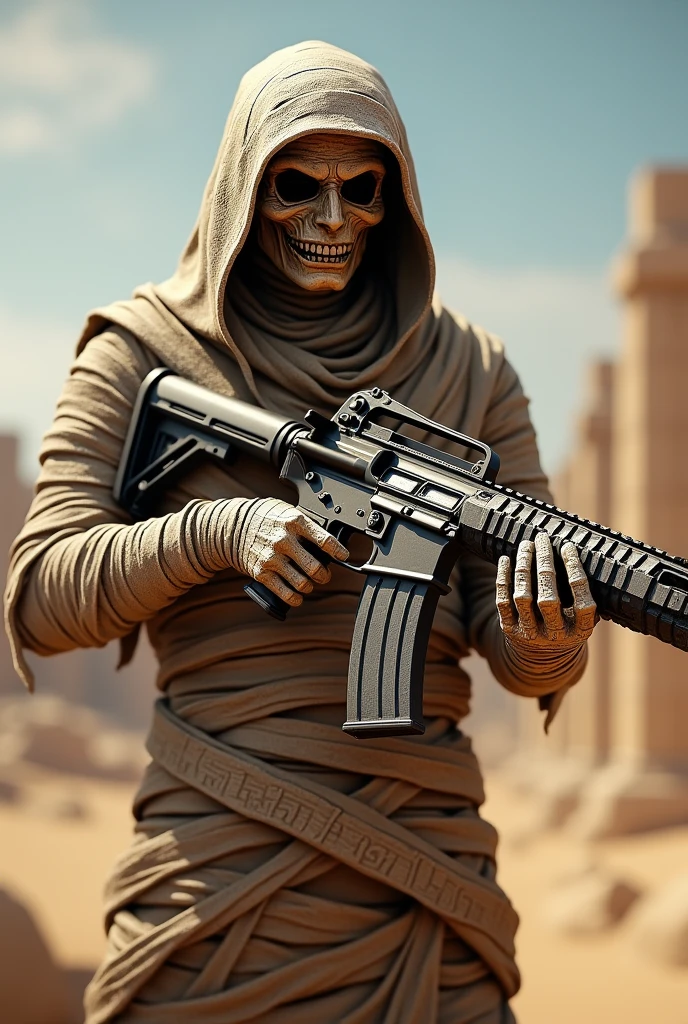 A pubg mobile mummy skin holding with m4