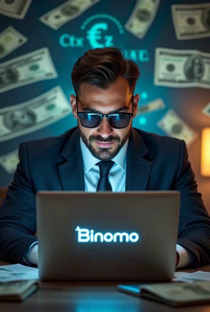 A MAN WITH A BINOMO ON LAPTOP AND EARNING 1000$ and in background money
One sunglass