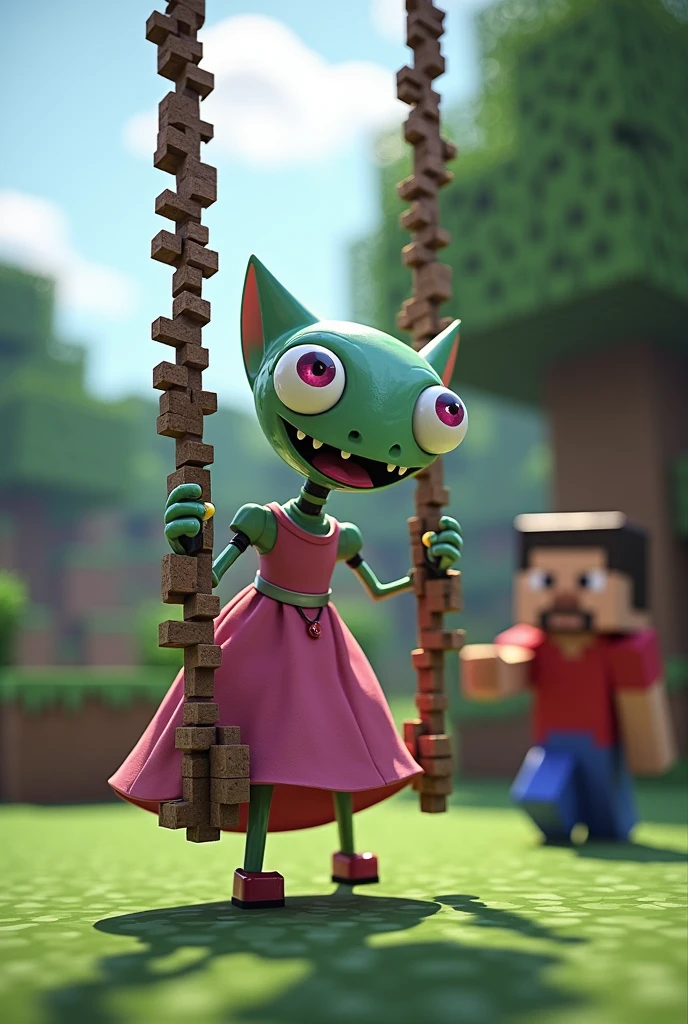 Minecraft gir making swing from tool in pink and grey dress with mincraft character