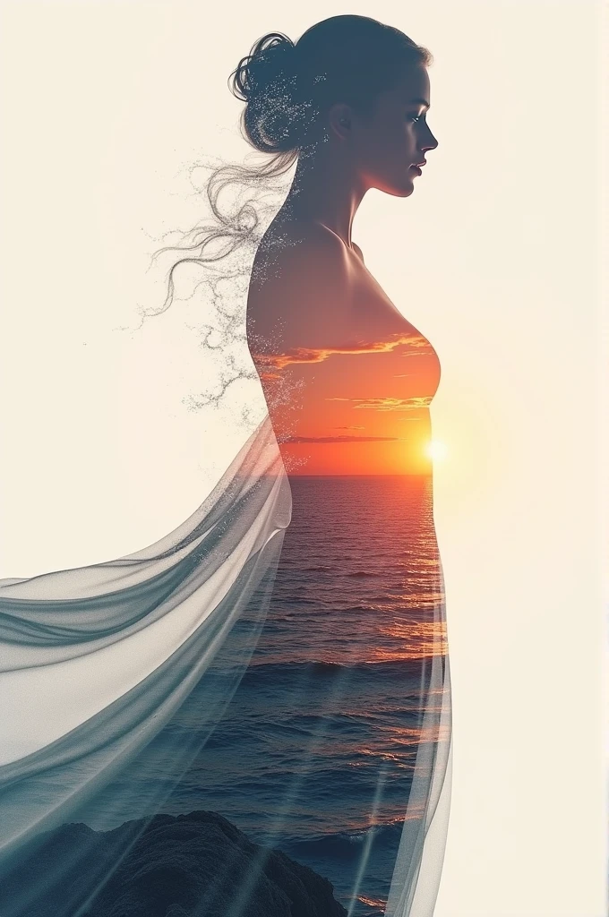 high quality, 8K Ultra HD, A beautiful double exposure that combines an goddess silhouette with sunset coast, sunset coast should serve as the underlying backdrop, with its details incorporated into the goddess , crisp lines, The background is monochrome, sharp focus, double exposure, by yukisakura, awesome full color,