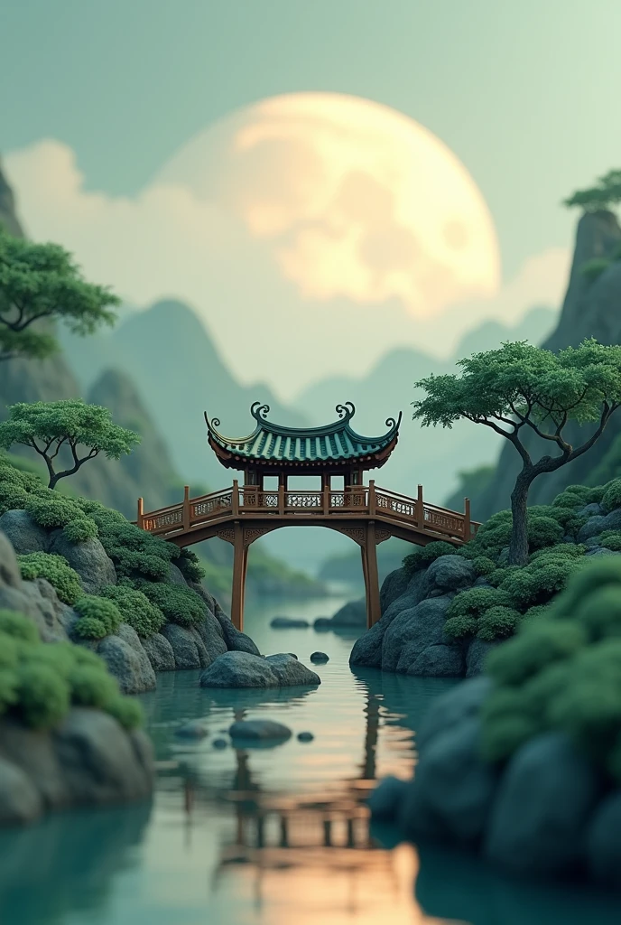 Chinese architecture, small Qiao, micro landscape, depth of field, 3D, C4D, soft lighting, a huge moon in the distance