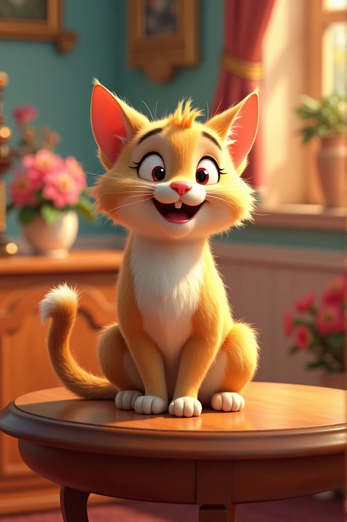 Happy cat siting On a table Ai 3D Animated Disney inspired 