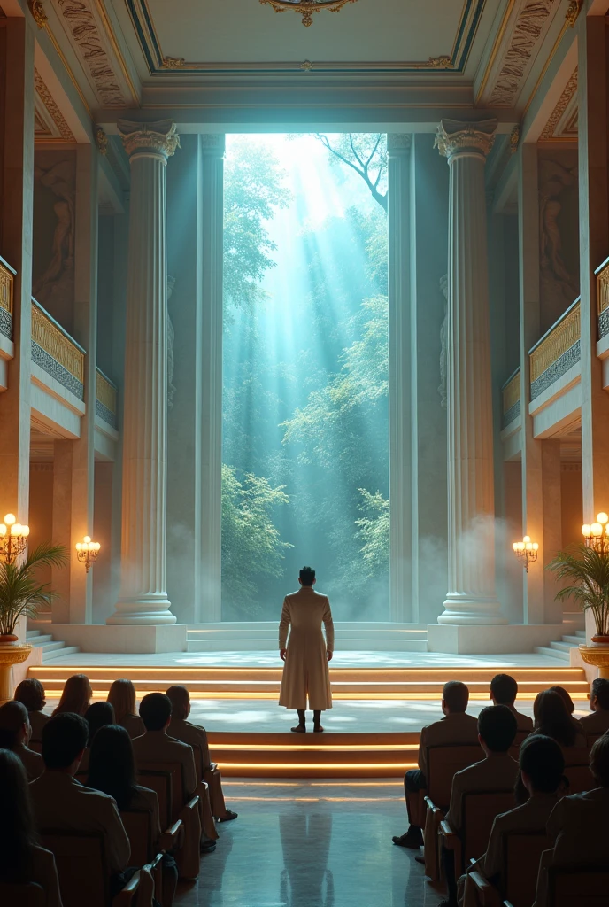 Clear! Here's a detailed and creative prompt for SeaArt that incorporates all those elements.:
prompt:
Create a stunning scene of an elegant auditorium in a fusion between Greek mythology and the time of Plato, where the design of the room evokes the grandeur of ancient Greek theatres, but with a modern touch of sophistication and advanced technology.
Architecture and Design:
Principal structure: Design an auditorium with Doric and Corinthian columns mixed with contemporary elements. The structure should be adorned with marble sculptures and reliefs depicting mythological figures., but also incorporates holographic screens and modern projections.
scenery: The central stage is raised and surrounded by an elegant colonnade with gold and bronze details.. The backdrop is a dynamic projection that alternates between images of ancient Athens and scenes of a mysterious forest inspired by Greek mythology..
Environment and Projections:
History in Projection: The screen behind the speaker shows a visual narrative that combines storytelling with epic elements: images of ancient Greece, the cosmos, and dramatic sequences from mythology that evoke a sense of timeless time and space..
Special effects: Use smoke and light effects to simulate an aura of mysticism, as if reality and fantasy were intertwined. Add holographic projections of mythological creatures like centaurs and chimeras to the background.
lecturer y public:
lecturer: It shows a visibly nervous speaker, with a pale face and trembling hands, standing in front of the stage. Wear modern clothes but with classic touches, like a light toga over a suit.
public: The audience is made up of anthropomorphic dinosaurs, with a dignified and majestic appearance, as if they were figures of prehistoric royalty. They are sitting on seats that combine Greek style with a futuristic touch.