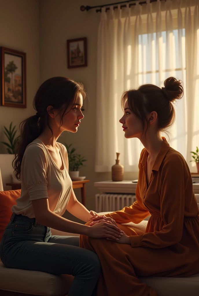 Two women talking in room