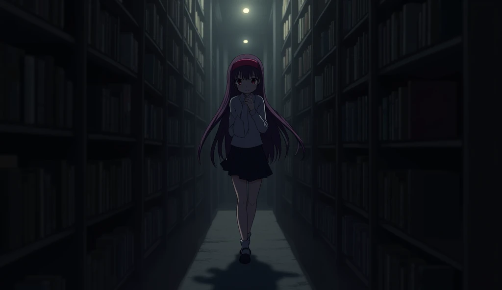 May ((A female student with long, dark purple hair that reaches the middle of her back. She always wears a red headband. She have a brown eyes color. She is wearing a long-sleeved shirt and a black skirt.)) walked along the dark corridor between the bookshelves, stepping carefully,