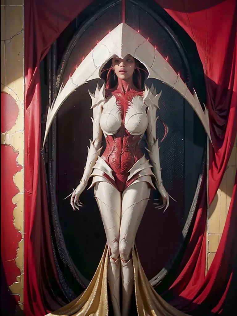 Elesh Norn, phyrexian, woman, female, standing, golden luminous ring, hand, sexy, large cleavage, red and white background, phyrexian symbol, gothic, dark fantasy, cinematic lighting, detailed face, intricate details, hyperrealistic, octane render, 8k, photorealistic