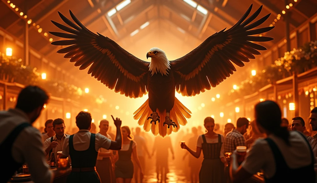Eagle in fire with german dancing drinking beer  in german cafe in fire octoberfest lot beer