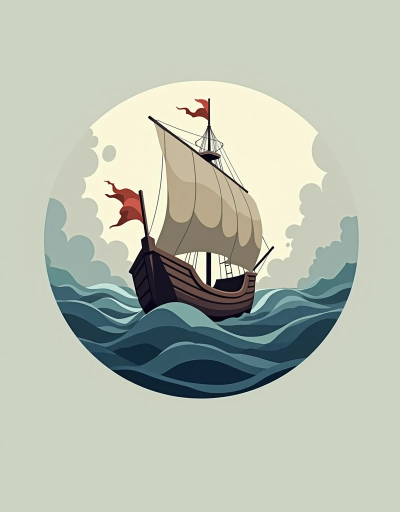 Crie uma logo, with an ancient ship sailing in rough tide, em estilo minimalista.