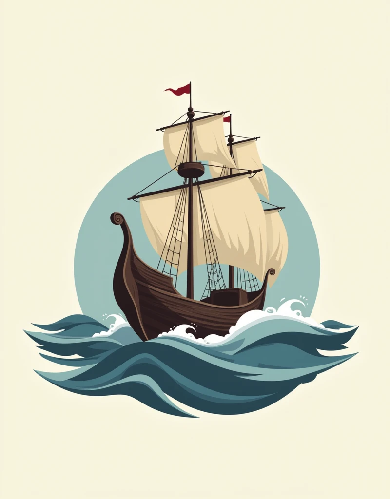 Crie uma logo, with an ancient ship sailing in rough tide, em estilo minimalista.