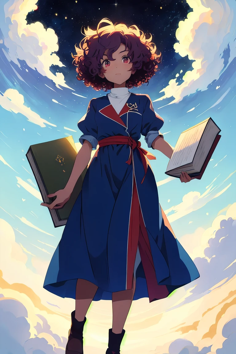 masterpiece ,best quality, Beautiful blue skin anime model full body, Basking in the sun on the clouds floating in the Milky Way, Seductive eyes, Curly hair fantasy, Background thick clouds, high quality,Carrying books，There is an unopened third eye in the corner of the eye