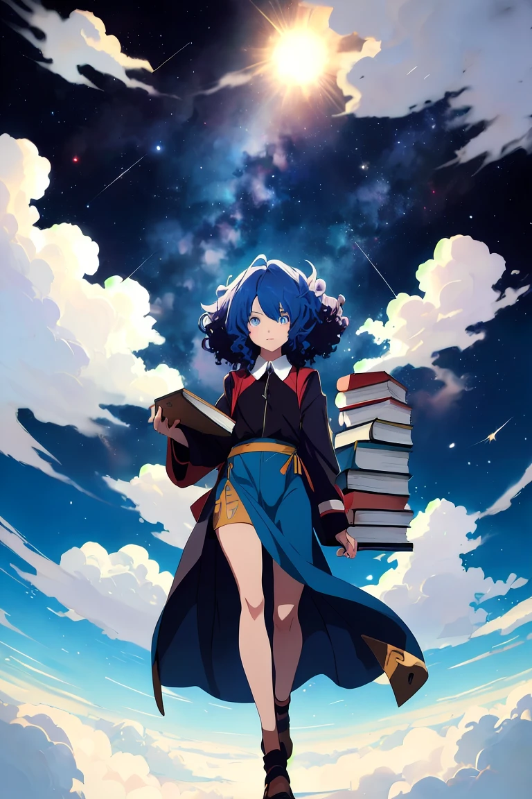 masterpiece ,best quality, Beautiful blue skin anime model full body, Basking in the sun on the clouds floating in the Milky Way, Seductive eyes, Curly hair fantasy, Background thick clouds, high quality,Carrying books，There is an unopened third eye in the corner of the eye