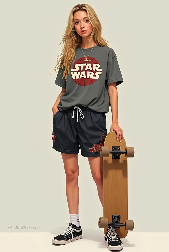 Realistic women, blond long hair, vans shoes, basketball shorts, starwars shirt, skateboard style, likes Star Wars, basketball, marvel and skateboarding, all interests should be inclouded