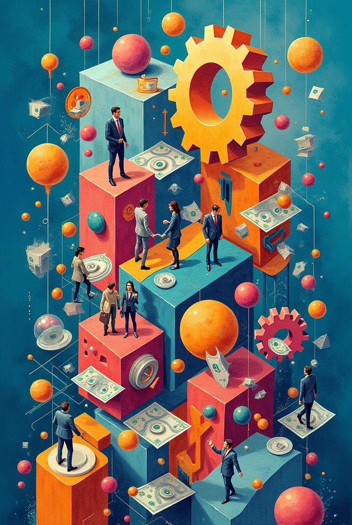 Create three-dimensional gears, circles, and squares, currency, graph lines, and many businessman and businesswoman images. Using watercolor and mixed media Use bright colors The light source is in the upper right corner,background blue. --ar 2:3