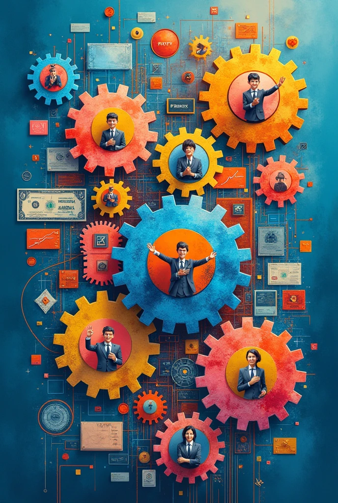 Create three-dimensional gears, circles, and squares, currency, graph lines, and many businessman and businesswoman images. Using watercolor and mixed media Use bright colors The light source is in the upper right corner,background blue. --ar 2:3