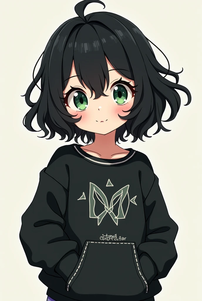 Girl, like , short black wavy hair to mid-neck, dark green eyes, wears black puffy casual clothes. anime style.