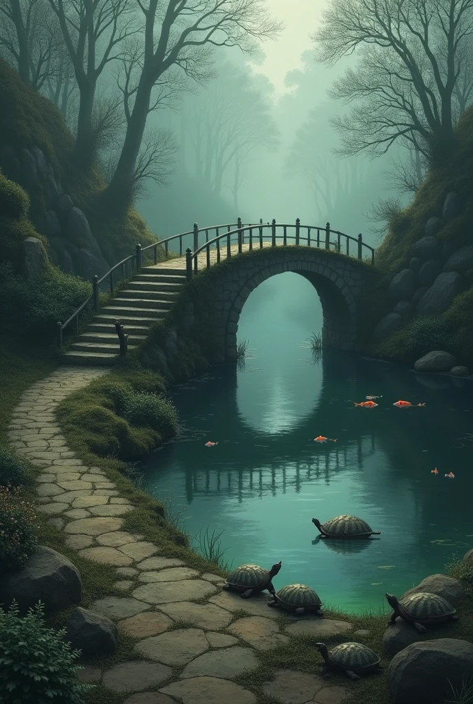 a gloomy place, short taircase leading the path and a bridge. a pond below the bridge with fish and two tortoises. 