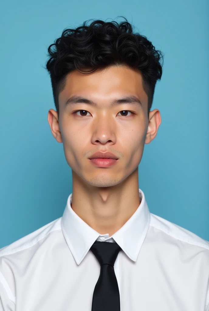 passport photo of young man, short neat curly hair, white shirt, black tie, thin eyebrows, there are acne scars beside the nose, oval face, blue background, flat face