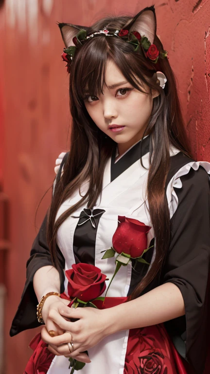 (Emo art:1.6), masterpiece, 4K, Bokeh, high school girl, Beautiful Face, (Cat ear:1.3), (Red Long Hair:1.6) , (Japanese Idols:1.6), Blushed, (Red maid costume :1.4), Looking at the audience, close,
(Red Background :1.4), ( A wall of lots of red roses:1.6)