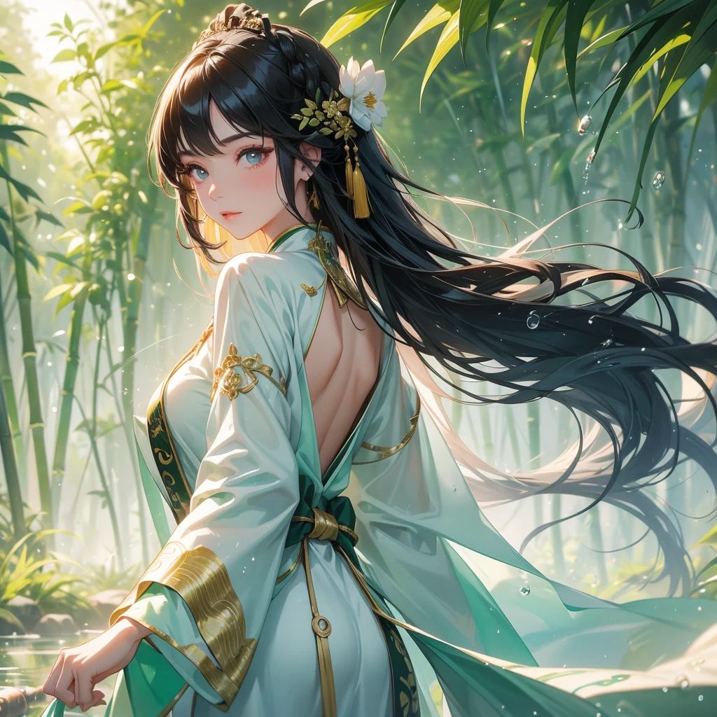 A beautiful girl with black long hair, wear white ancient chinese clothes, with the sun shining on her face, close up.

The back is a lush green bamboo forest. The air after rain has water droplets splashing around.