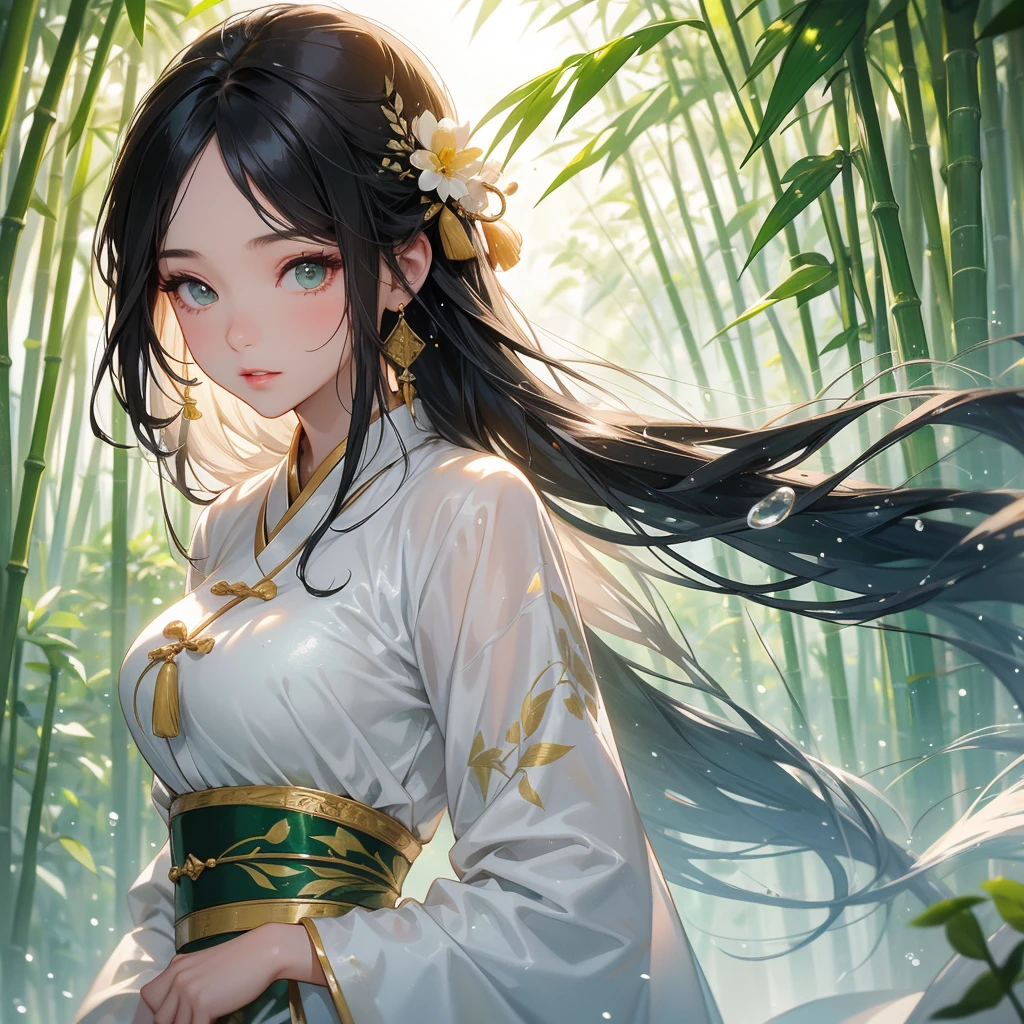 A beautiful girl with black long hair, wear white ancient chinese clothes, with the sun shining on her face, close up.
The back is a lush green bamboo forest. The air after rain has water droplets splashing around.