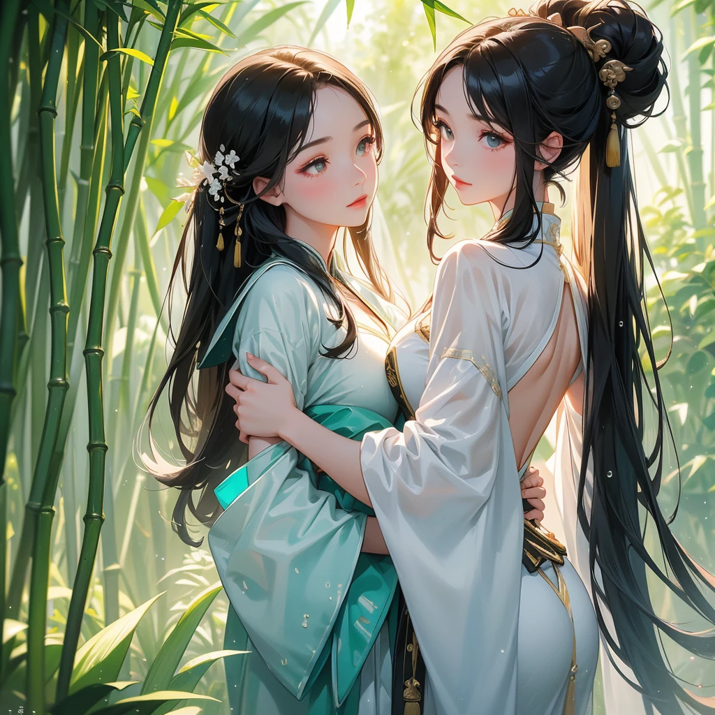 A beautiful girl with black long hair, wear white ancient chinese clothes, with the sun shining on her face, close up.
The back is a lush green bamboo forest. The air after rain has water droplets splashing around.
