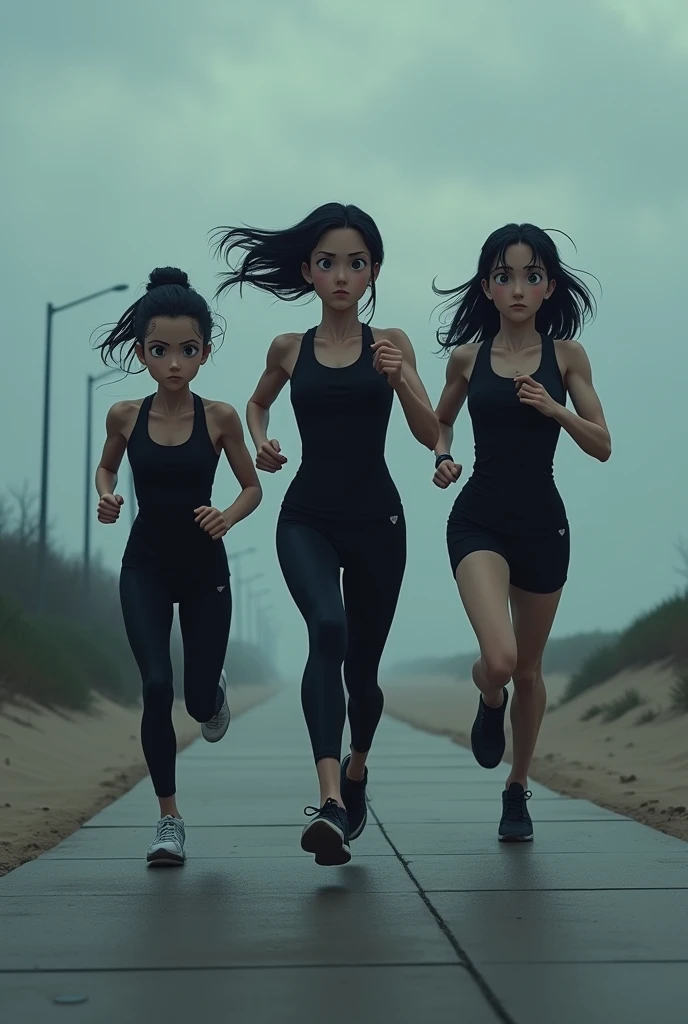 Create a dark scene of a trio of three anime characters dressed in black sportswear running on a Sunday on the beach sidewalk.