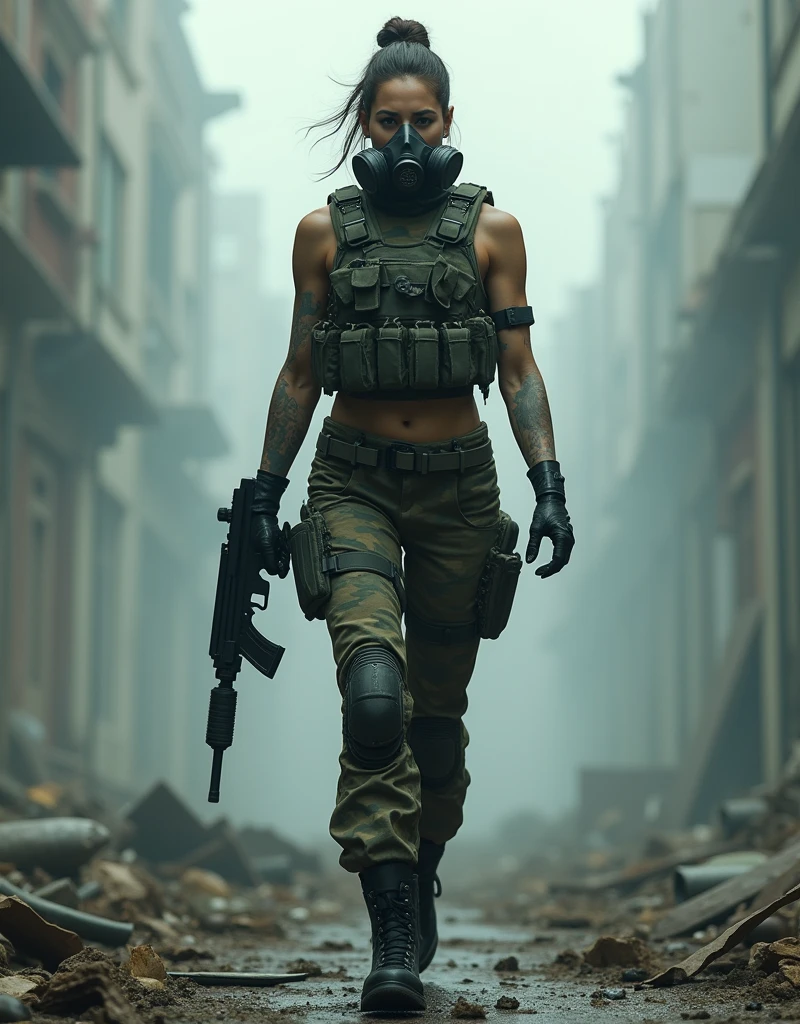 (Photorealism:1.2), sexy armed woman, A female soldier wearing a gas mask patrols a fog-filled ruin.