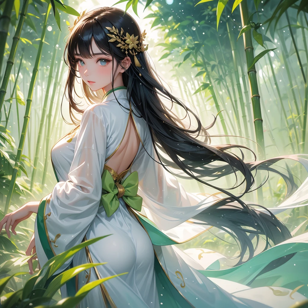 A beautiful girl with black long hair, wear white ancient chinese clothes, with the sun shining on her face, close up.
The back is a lush green bamboo forest. The air after rain has water droplets splashing around.