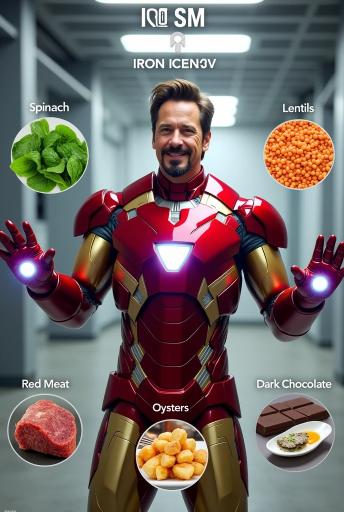 Generate a image that marvel character (iron man) advising to eat a foods when you are in iron deficiency. The image should be in 9:16 ratio and with the foods name. The should be realistic and awesome.