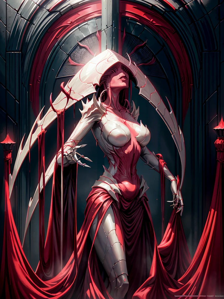 Elesh Norn, phyrexian, woman, female, standing, golden luminous ring, hand, sexy, large cleavage, red and white background, phyrexian symbol, gothic, dark fantasy, cinematic lighting, detailed face, intricate details, hyperrealistic, octane render, 8k, photorealistic