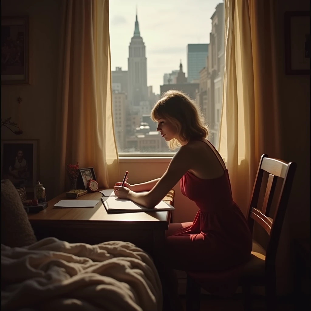 View from above, seen from a recording camera, Taylor Swift is seen studying sitting in front of her table, in her bedroom in the evening. natural sunlight comes from the window, in a sunny day on new York, buildings are visible through her window , the camera is on the corner of the room, the perspective is through it,low resolution, early 2000's, time stamp on the corner