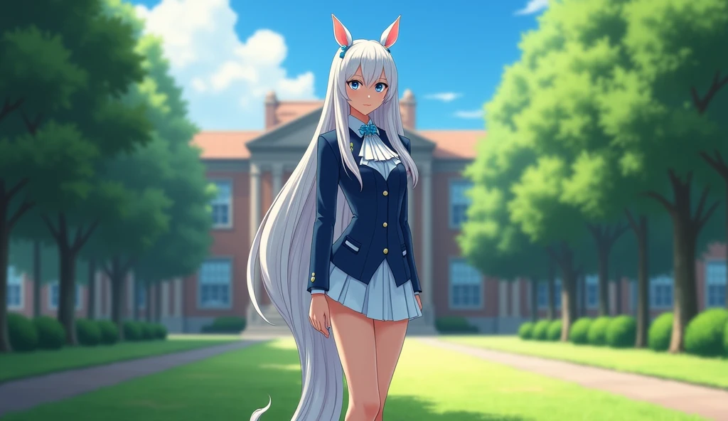 A horse-woman, 167cm tall with a C-cup bust, long straight-cut hair of a very light color, dark blue eyes with upturned corners, fox-like eyes, beautiful eye makeup, neat nose and mouth, clear, shiny skin, well-groomed fingers and toes, a model-like slim figure, and an overwhelming smile. Photographed on the grounds of a private high school, with horse ears on her head.(Human ears are hidden by hair and cannot be seen) With a horse tail ornament on his tailbone、The tail is coming out from the tail hole of the clothes. She is wearing a gorgeous blue and white tailcoat with a ribbon on the chest, a mini skirt and white knee socks. A masterpiece. Full body shot. Realistic.