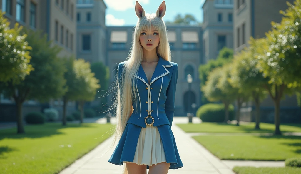 A horse-woman, 167cm tall with a C-cup bust, long straight-cut hair of a very light color, dark blue eyes with upturned corners, fox-like eyes, beautiful eye makeup, neat nose and mouth, clear, shiny skin, well-groomed fingers and toes, a model-like slim figure, and an overwhelming smile. Photographed on the grounds of a private high school, with horse ears on her head.(Human ears are hidden by hair and cannot be seen) With a horse tail ornament on his tailbone、The tail is coming out from the tail hole of the clothes. She is wearing a gorgeous blue and white tailcoat with a ribbon on the chest, a mini skirt and white knee socks. A masterpiece. Full body shot. Realistic.