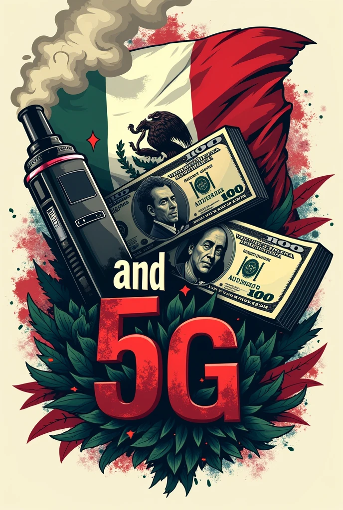 A logo for a page called “VAPE”_5G_MX” that contains a vape and bills that say “and 5G” in letters. That has a Mexican flag and representation of drug traffickers.