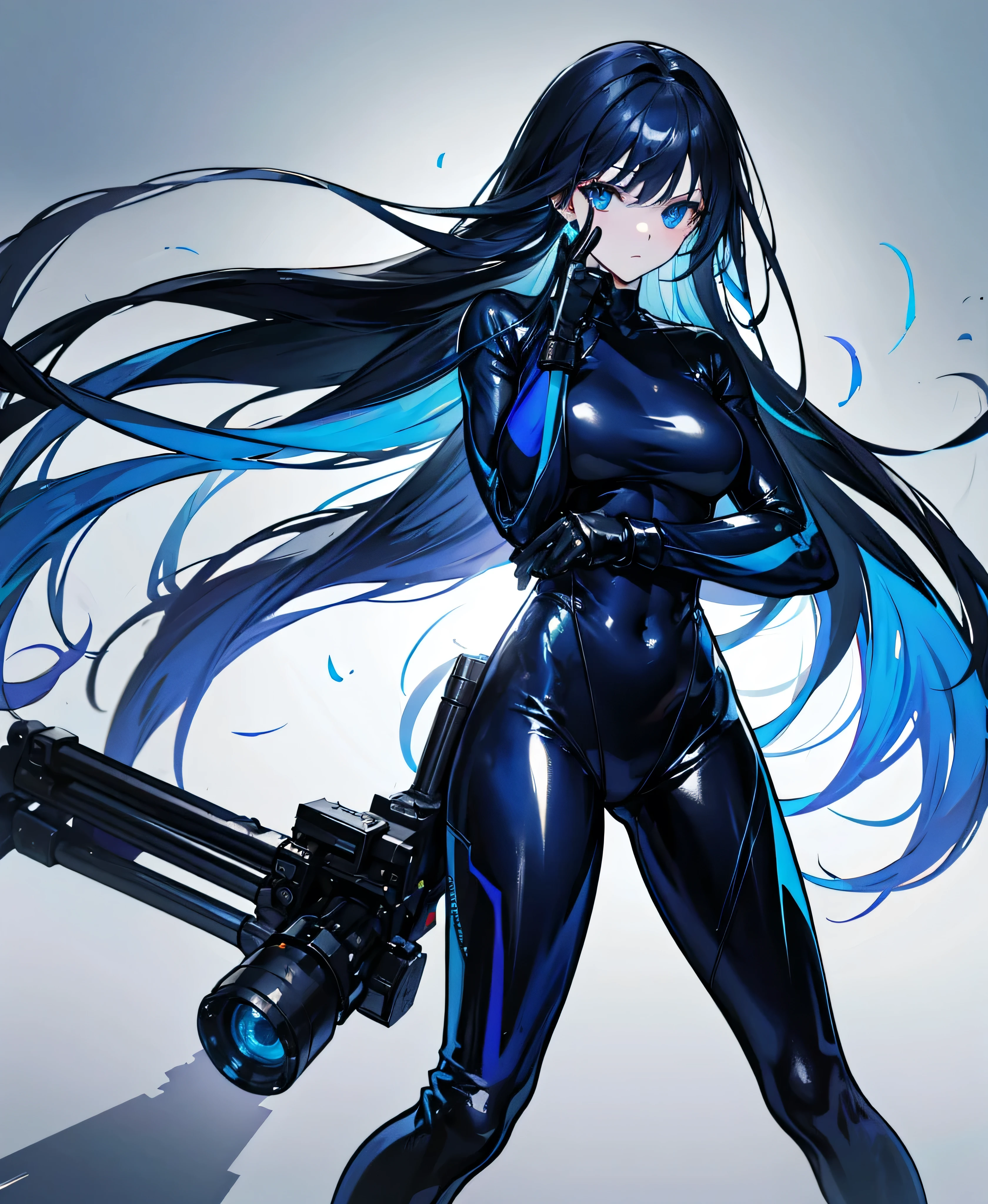 There is no background，，Carry a firearm，Patent leather tight suit，Use of firearms，Navy blue long hair，attention arousal，Blue colored eyes,No gradients