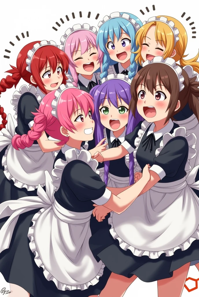 An anime-style illustration depicting many maids playfully wrestling with each other,
each maid has different colored hair.
the illustration emphasizes the humorous and energetic nature of their scuffle