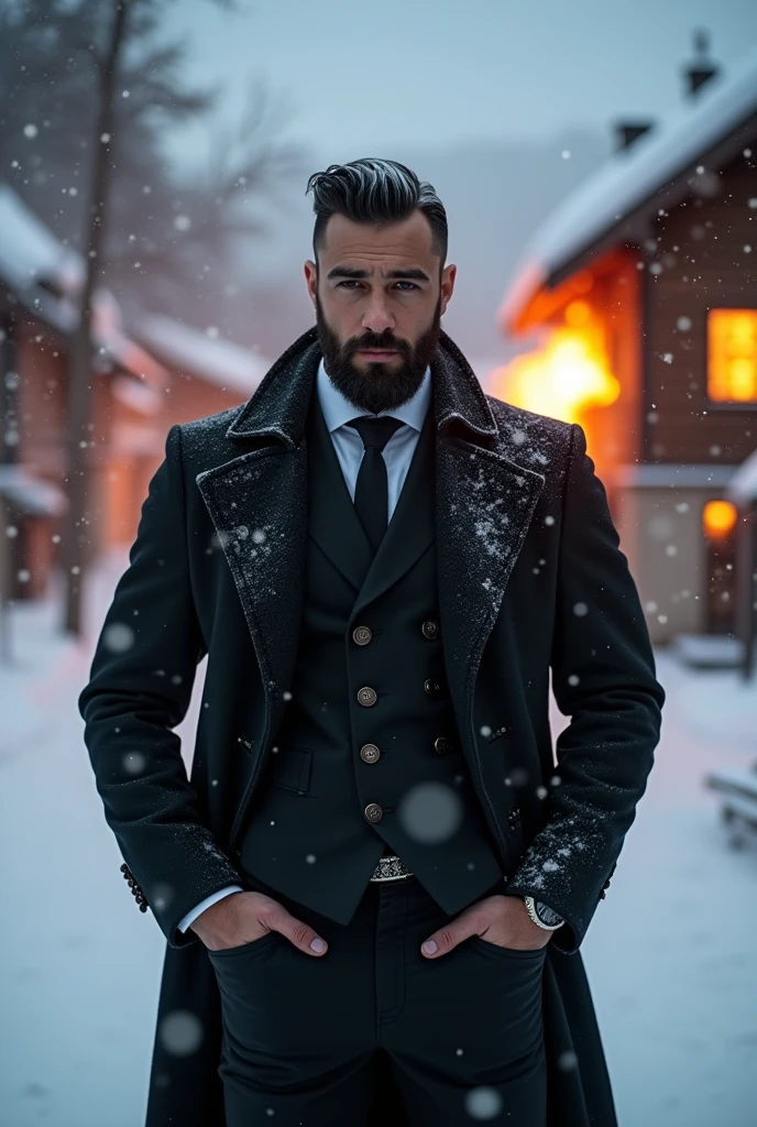 Un homme gay barbu et viril vetu d’un costume sombre dans une ville eneigée photo ultra réaliste avec un chalet enflammé en arrière plan