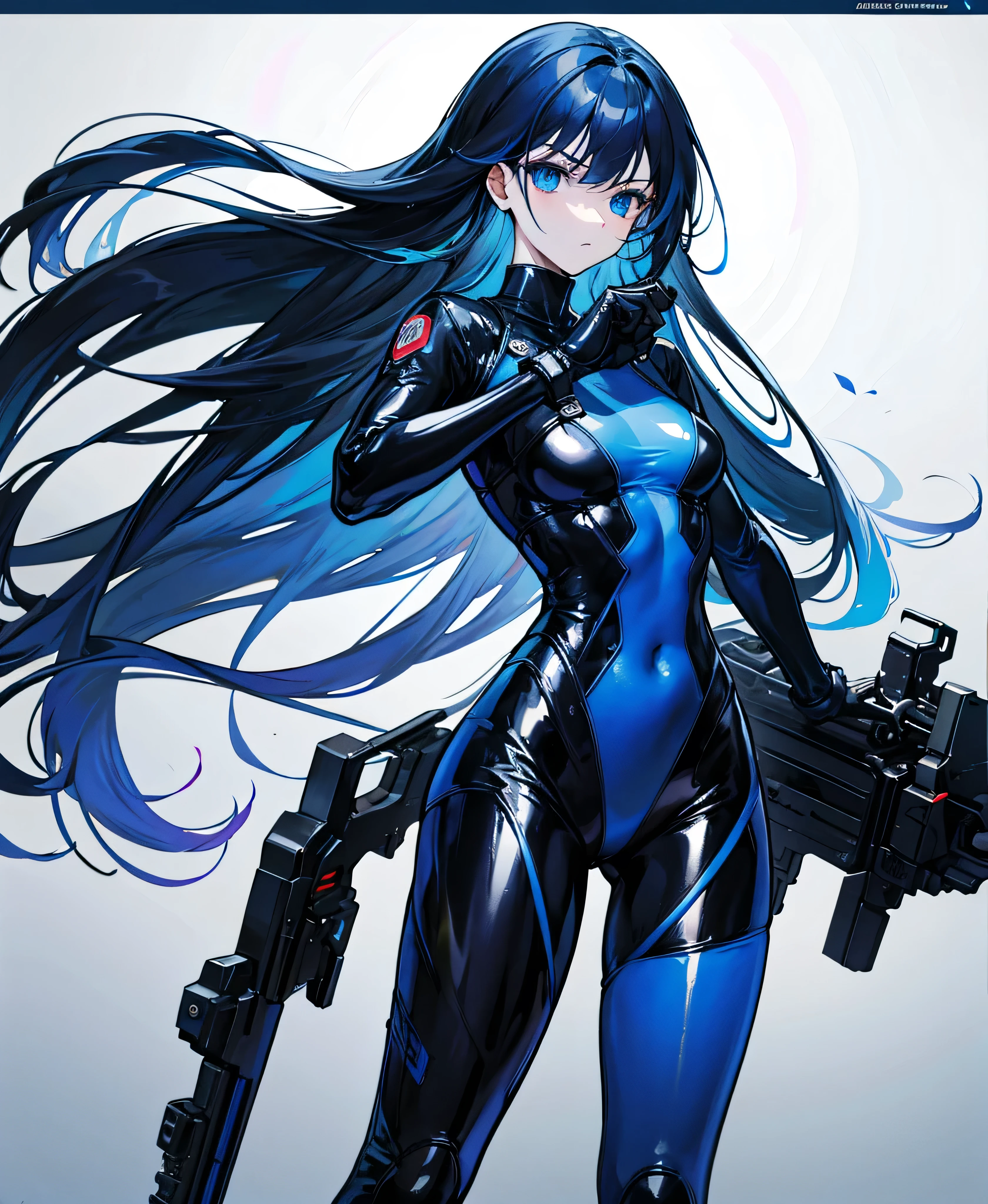 There is no background，，Carry a firearm，Patent leather tight suit，Use of firearms，Navy blue long hair，attention arousal，Blue colored eyes,No gradients