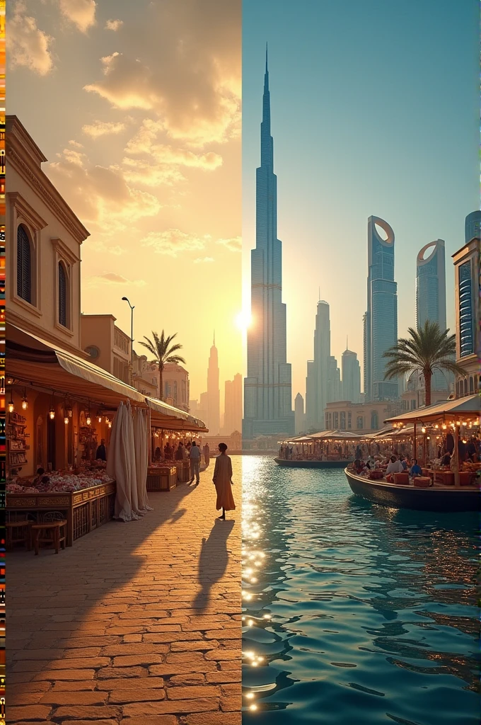 Create YouTube thumbnail on "The Evolution of Dubai":

"Image: A split-screen image with a vintage photo of Dubai's desert landscape and traditional souks on one side, and a modern photo of Dubai's futuristic skyline, Burj Khalifa, and bustling streets on the other.
Text:
_The Evolution of Dubai_
_From Desert to Destiny_
_Watch the incredible transformation!_
[Use a bold, modern font and add a touch of gold or Arabic-inspired design elements to reflect Dubai's luxurious and cultural vibe]"I'll