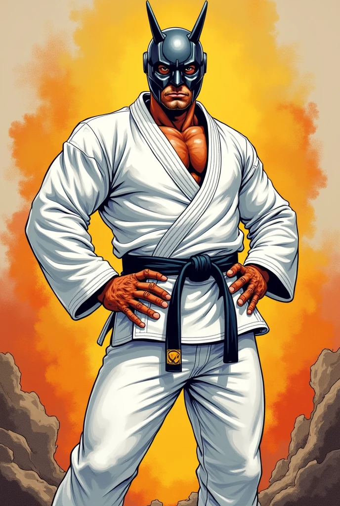 formiga, super heroi, wearing helmet , wearing a white jiu jitsu kimono and white pants, black waist belt,  with both hands on his waist,   drawning