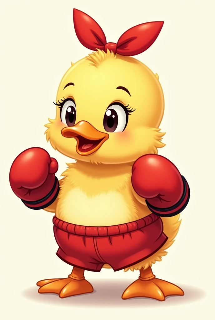 Drawing of a baby duck with a bow on its head and wearing a kickboxing outfit