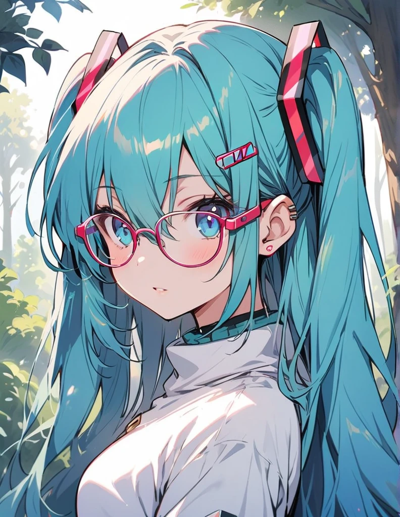, Hatsune Miku, blue eyes, ,Glasses,Girls,FMT,girl,, long hair, trees, forest, turtleneck sweater,