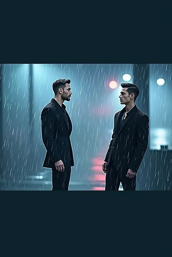 Two handsome skinny men dressed in black under the rain