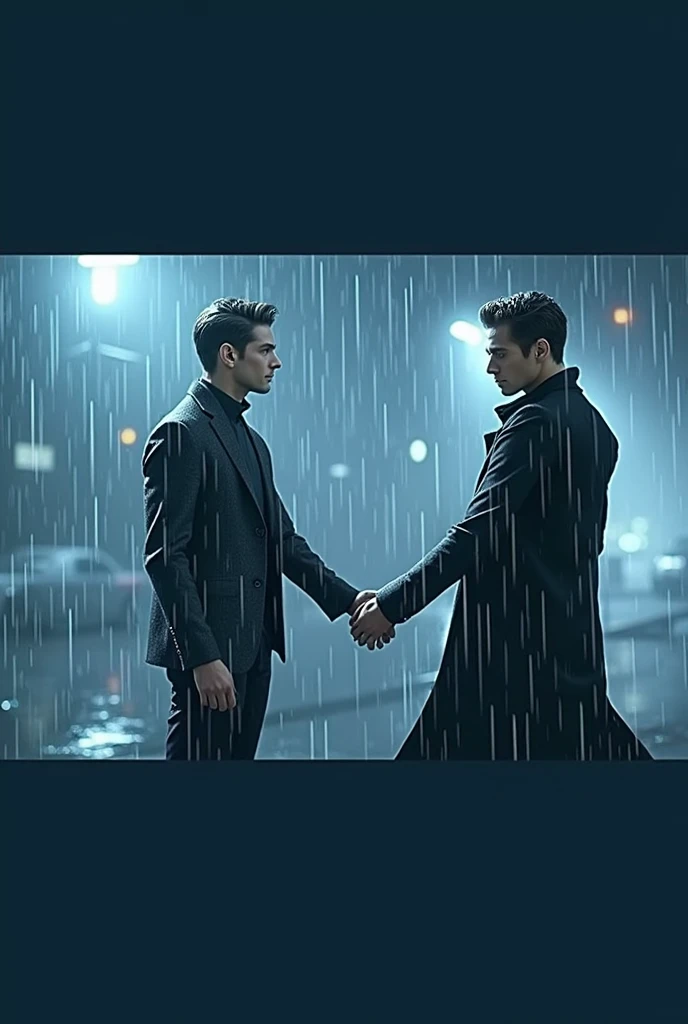 Two handsome skinny men dressed in black under the rain